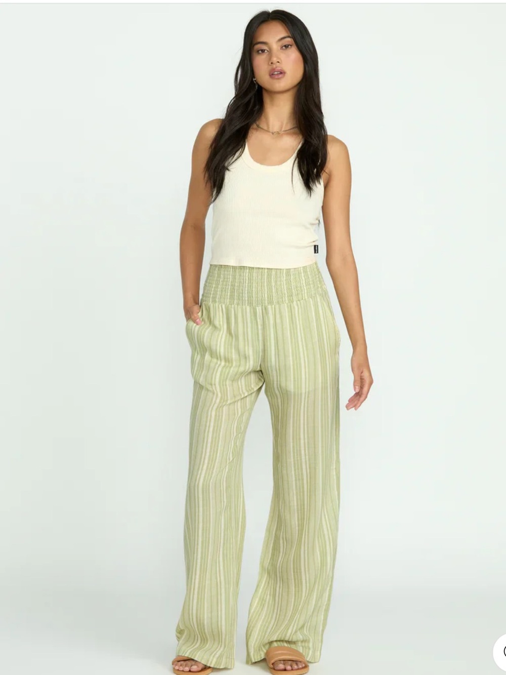 Billabong Green Striped Smocked Wide Leg Crinkle Pants Size S